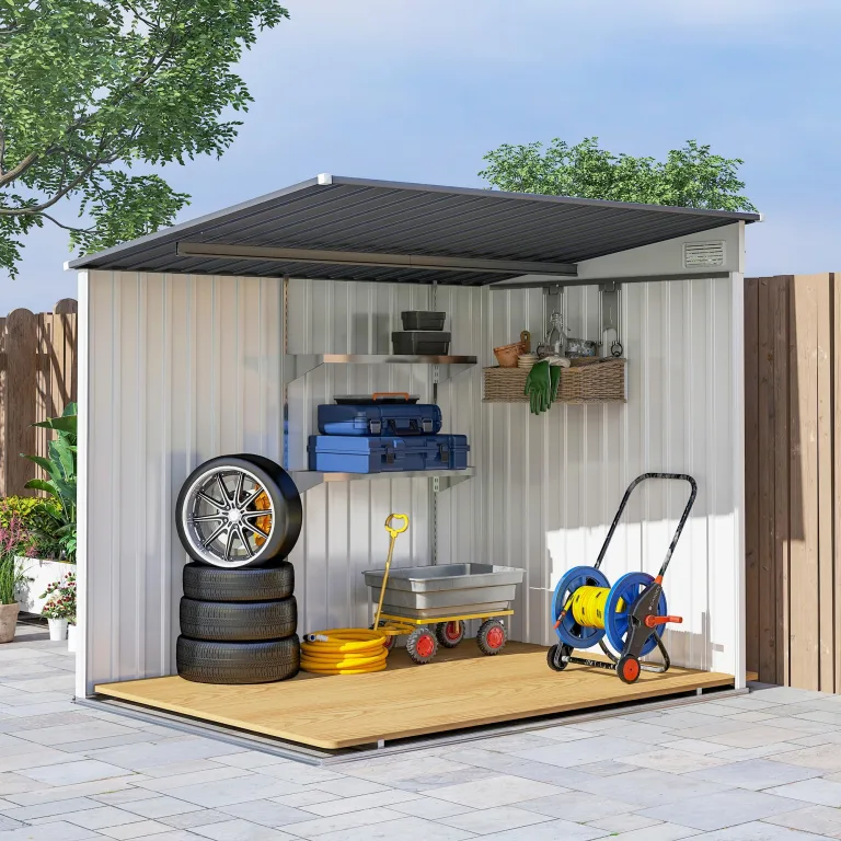 Outsunny Metall Gerätehaus 2,81m² 154x206,5x181 cm Geräteschuppen mit Pultdach Fundament Schiebetür wetterfest Gartenhaus Outdoor Garten Schuppen Schrank für Hinterhof Außenbereich Weiß – Bild 9