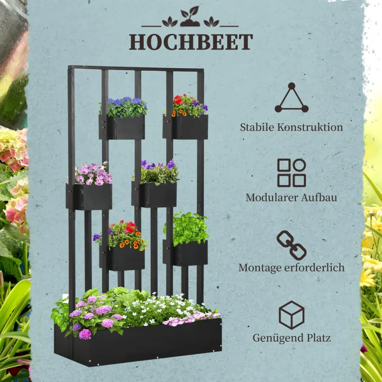 Outsunny Hochbeet mit Rankgitter Körbe, Holz Pflanzkasten Pflanzkübel Blumenkasten, 90 x 45 x 170 cm für Garten Balkon Terrasse, Blumenkübel für Kletterpflanzen Korbpflanzen, Blumen – Bild 3