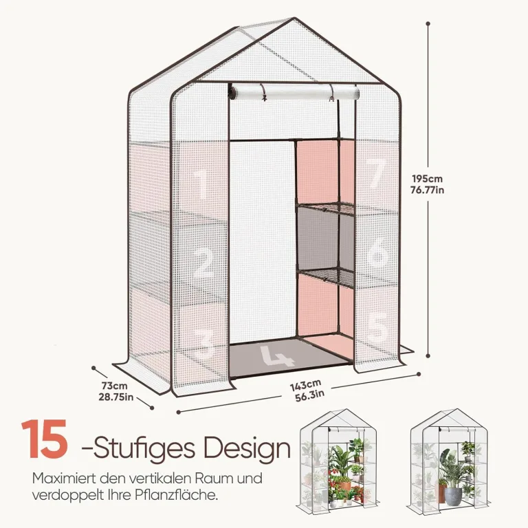 Sekey Gewächshaus 200x145x75 cm, Foliengewächshaus Stabil, Gewächshaus Balkon mit 4 Regalböden für optimales Pflanzenwachstum, Weiß, XL – Bild 6