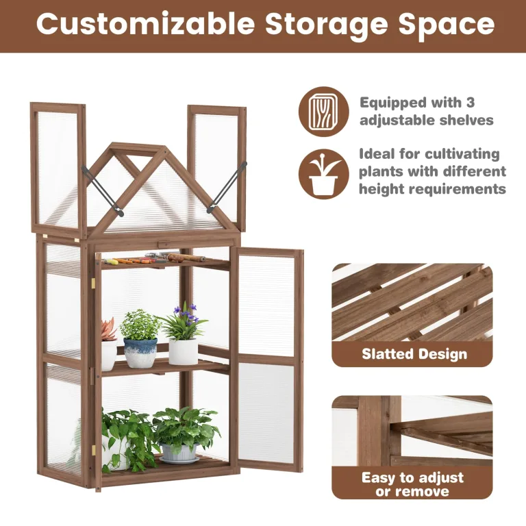 HOMASIS Gewächshaus mit 3 Ablagen, Anlehngewächshaus Tomaten mit 2 Türen & Oberlicht, Holz Frühbeet Pflanzenhaus Winterfest klein, Teibhaus Gartenhaus für Garten & Balko (Braun, 71x41x145cm) – Bild 7