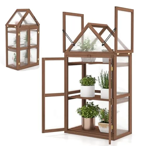 HOMASIS Gewächshaus mit 3 Ablagen, Anlehngewächshaus Tomaten mit 2 Türen & Oberlicht, Holz Frühbeet Pflanzenhaus Winterfest klein, Teibhaus Gartenhaus für Garten & Balko (Braun, 71x41x145cm) – Bild 10