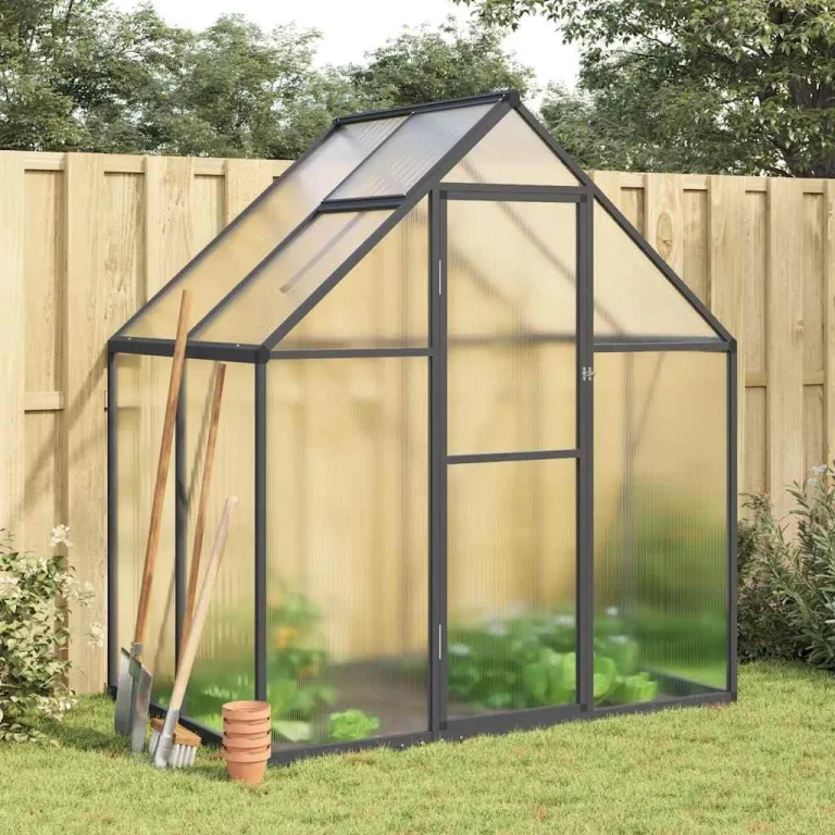 Gewächshaus Aluminium mit Fundament 169 x 114 x 195 cm Gewächshäuser Alu mit Fundamentrahmen Gewächshaus Glas Tomatenhaus Aluminium Anthrazit – Bild 1