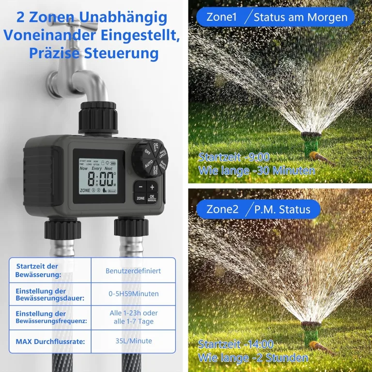 HITRENDS Bewässerungscomputer 2 Ausgänge, Großem LED-Display, Bewässerungs-Timer mit Regenverzögerung/manueller Übersteuerung/Wasserhahn-Timer, geeignet für Gärten, Rasenflächen und Topfpflanzen. – Bild 4
