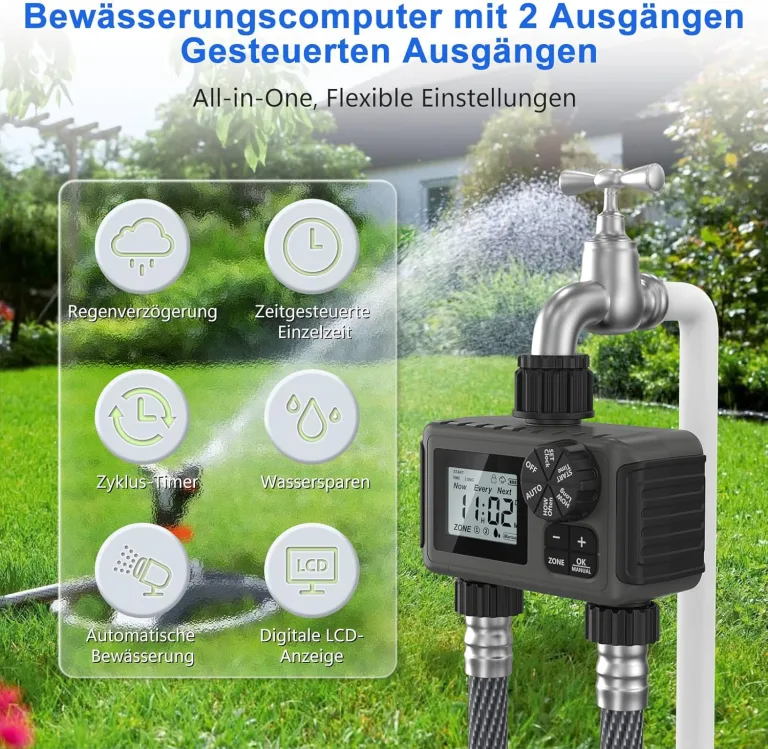 HITRENDS Bewässerungscomputer 2 Ausgänge, Großem LED-Display, Bewässerungs-Timer mit Regenverzögerung/manueller Übersteuerung/Wasserhahn-Timer, geeignet für Gärten, Rasenflächen und Topfpflanzen. – Bild 2