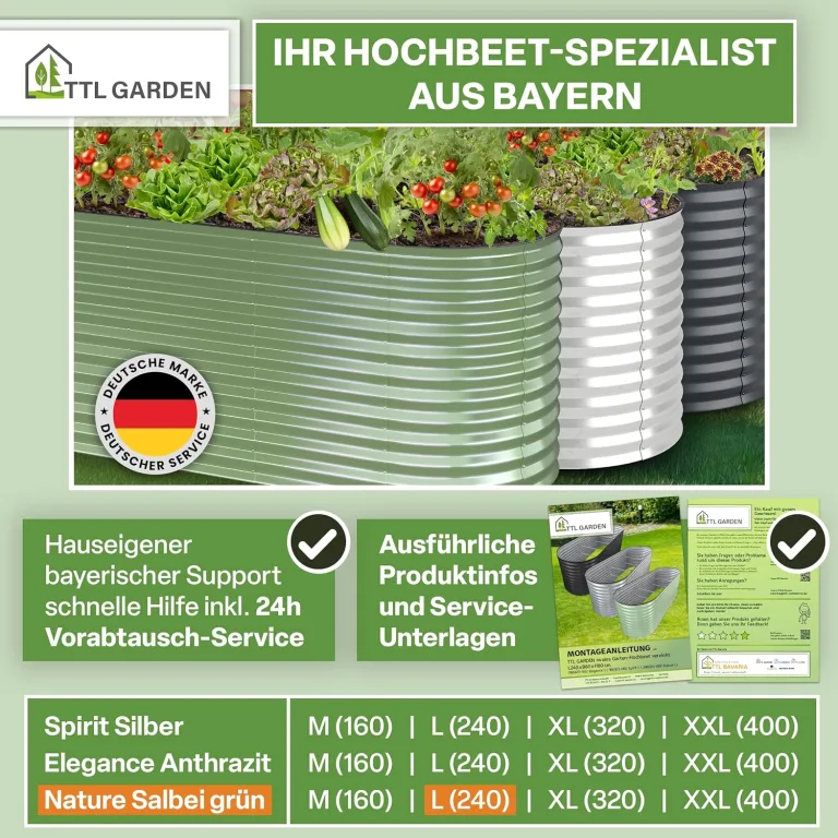 TTL GARDEN 240x80x80cm Nature L Metall Hochbeet Salbei Grün - Stahl rostfrei verzinkt & lackiert Wellblech oval 80cm hoch sehr stabil Garten Beet für Gemüse Kräuter Blumen Gartenbeet Gemüsebeet – Bild 8