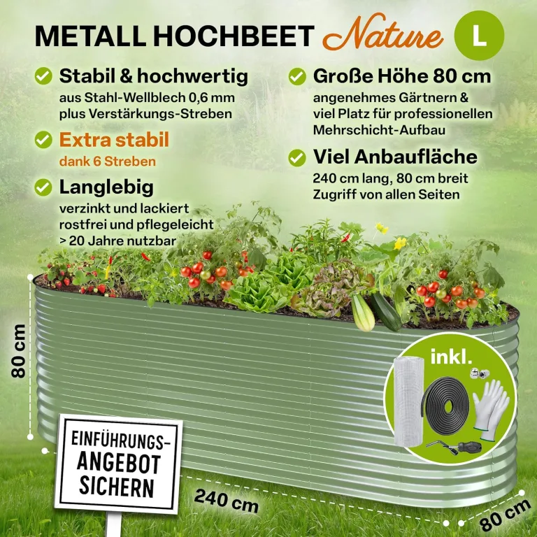 TTL GARDEN 240x80x80cm Nature L Metall Hochbeet Salbei Grün - Stahl rostfrei verzinkt & lackiert Wellblech oval 80cm hoch sehr stabil Garten Beet für Gemüse Kräuter Blumen Gartenbeet Gemüsebeet – Bild 3