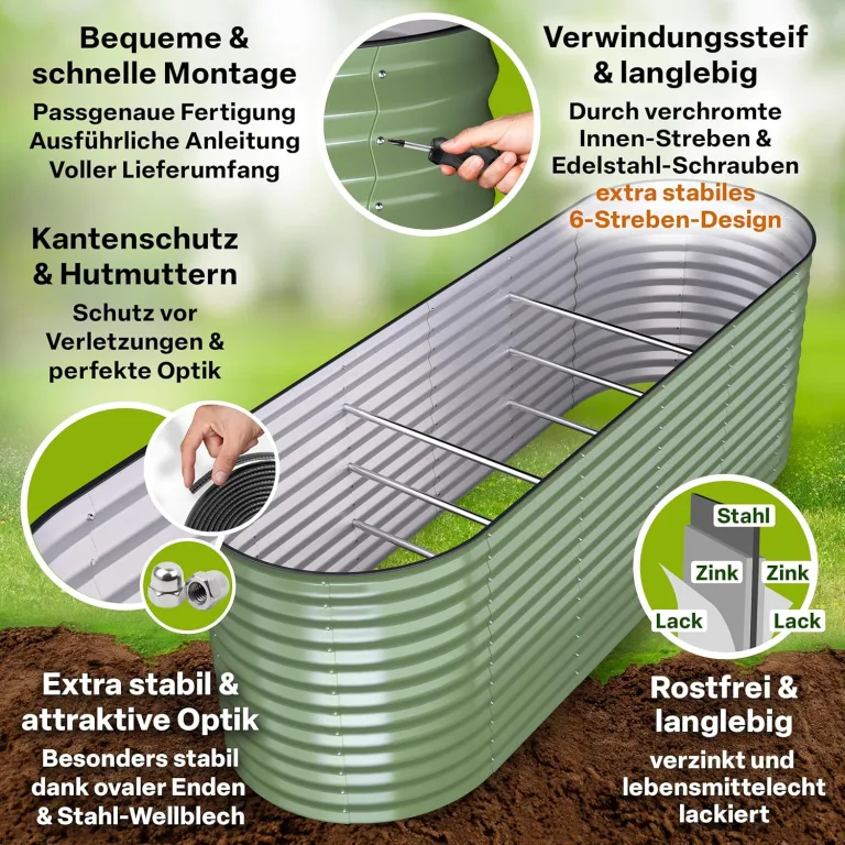 TTL GARDEN 240x80x80cm Nature L Metall Hochbeet Salbei Grün - Stahl rostfrei verzinkt & lackiert Wellblech oval 80cm hoch sehr stabil Garten Beet für Gemüse Kräuter Blumen Gartenbeet Gemüsebeet – Bild 4