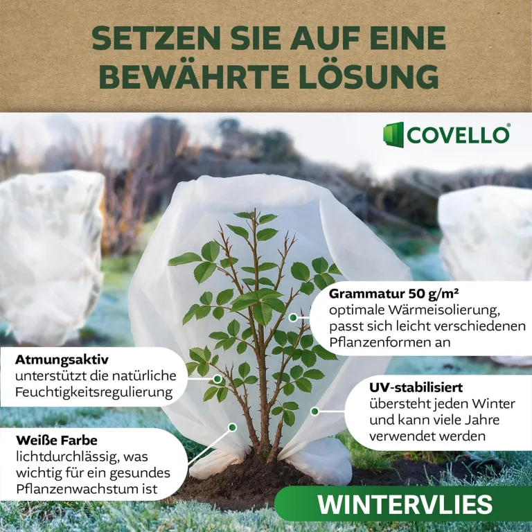 Covello Winterschutz für Kübelpflanzen – Wintervlies 50g/m² – Hohe UV-Beständigkeit & Atmungsaktiv – reißfestes Winterschutzvlies – Frostschutzvlies 8m² Gartenvlies Winterschutz Pflanzen 5m x 1,6m – Bild 3