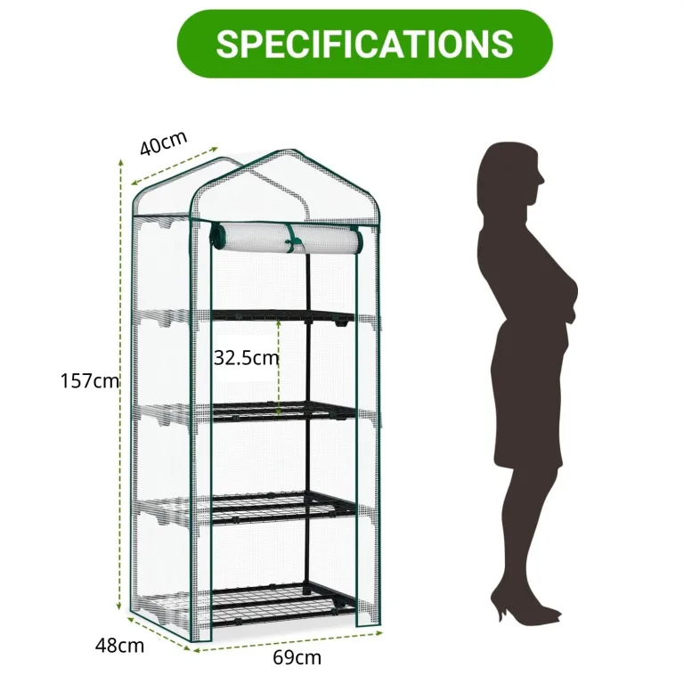 LEADZM Gewächshaus mit UV-beständiger PE-Gitterfolie,4 Metallablagegittern, Sturm-Winterfest, Schutz vor Kälte,Frost, Anzucht für Tomaten & Pflanzen, Balkon Garten (Transparent, 69 x 48 x 157 cm) – Bild 2