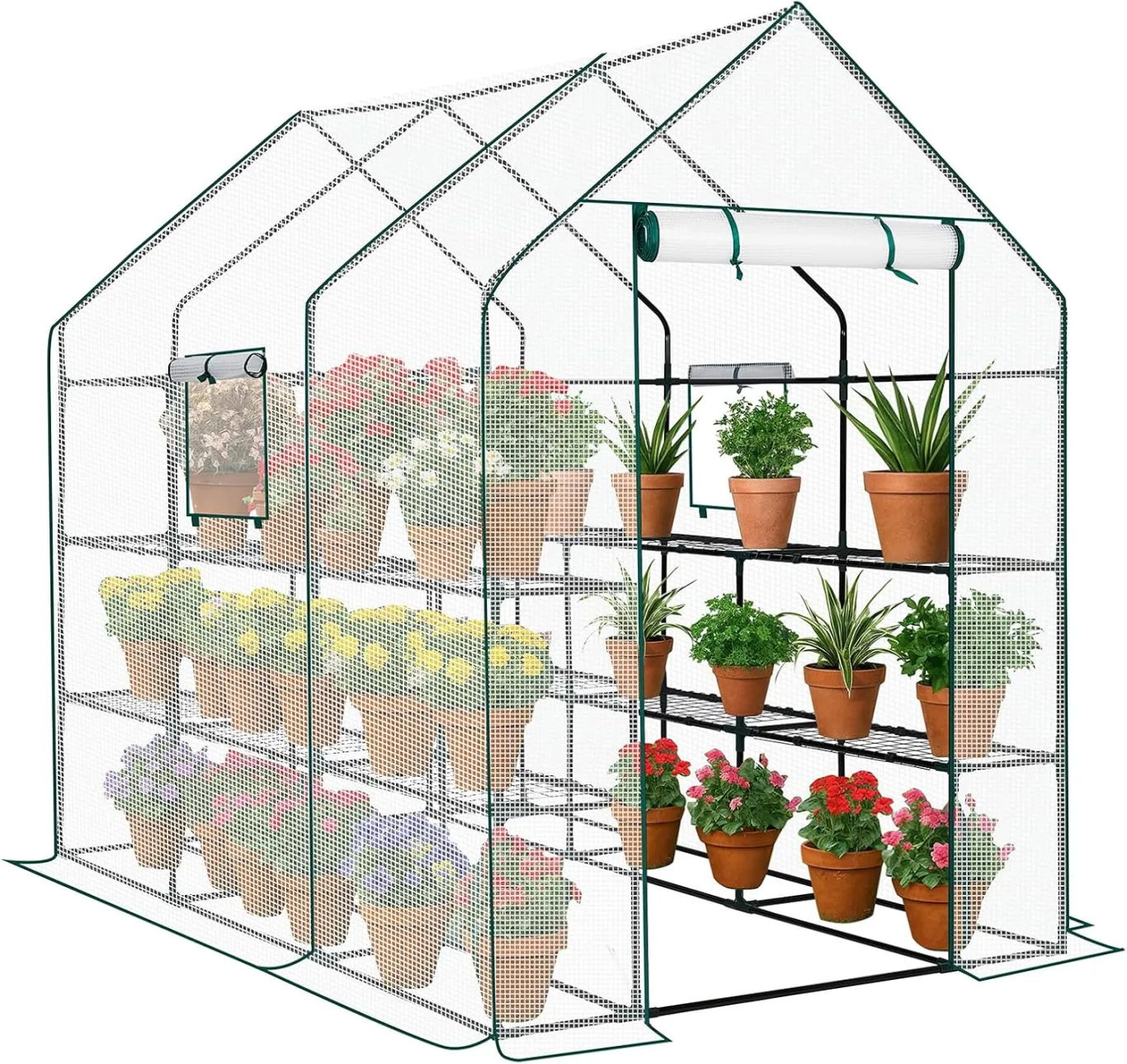 LEADZM Gewächshaus mit UV-beständiger PE-Gitterfolie,12 Metallablagegittern, Sturm-Winterfest, Schutz vor Kälte,Frost, Anzucht für Tomaten & Pflanzen, Balkon Garten (Transparent, 142 x 216 x 196 cm) - Bild 1