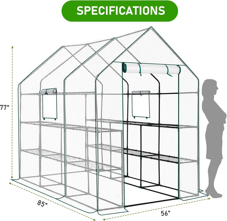 LEADZM Gewächshaus mit UV-beständiger PE-Gitterfolie，12 Metallablagegittern, Sturm-Winterfest, Schutz vor Kälte,Frost, Anzucht für Tomaten & Pflanzen, Balkon Garten (Transparent, 142 x 216 x 196 cm) – Bild 6