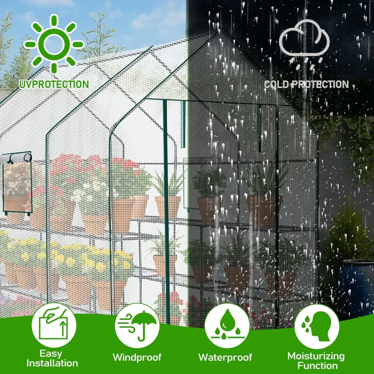 LEADZM Gewächshaus mit UV-beständiger PE-Gitterfolie，12 Metallablagegittern, Sturm-Winterfest, Schutz vor Kälte,Frost, Anzucht für Tomaten & Pflanzen, Balkon Garten (Transparent, 142 x 216 x 196 cm) – Bild 3