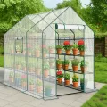 LEADZM Gewächshaus mit UV-beständiger PE-Gitterfolie，12 Metallablagegittern, Sturm-Winterfest, Schutz vor Kälte,Frost, Anzucht für Tomaten & Pflanzen, Balkon Garten (Transparent, 142 x 216 x 196 cm) - Thumbnail 7