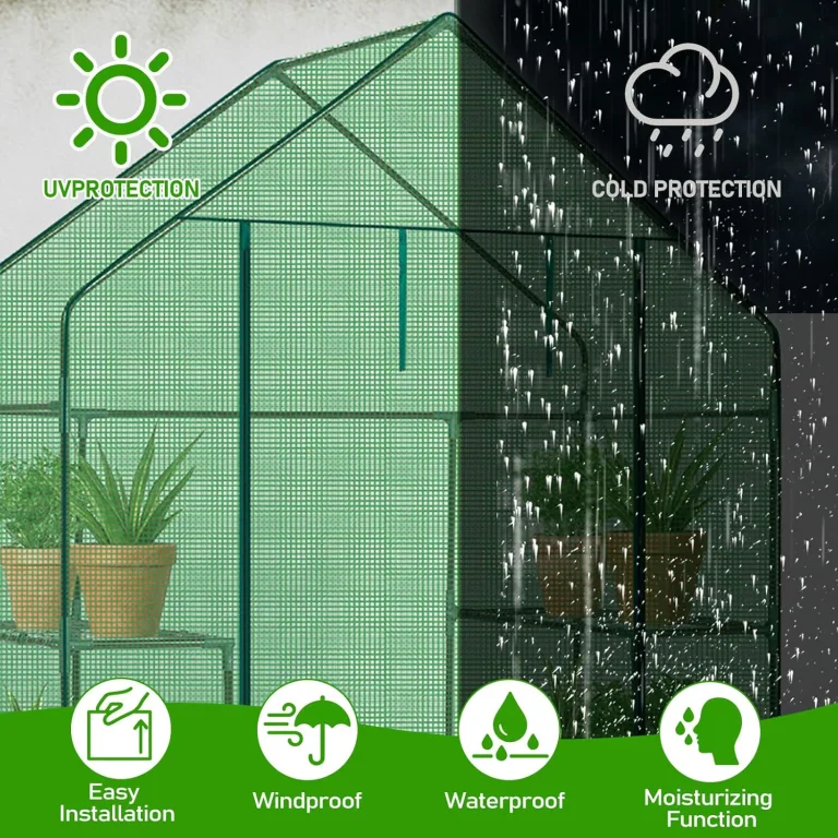 LEADZM Gewächshaus mit UV-beständiger PE-Gitterfolie,4 Metallablagegittern, Sturm-Winterfest, Schutz vor Kälte,Frost, Anzucht für Tomaten & Pflanzen, Balkon Garten (Grün, 142 x 74 x 196 cm) – Bild 5