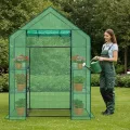 LEADZM Gewächshaus mit UV-beständiger PE-Gitterfolie，4 Metallablagegittern, Sturm-Winterfest, Schutz vor Kälte,Frost, Anzucht für Tomaten & Pflanzen, Balkon Garten (Grün, 142 x 74 x 196 cm) - Thumbnail 8