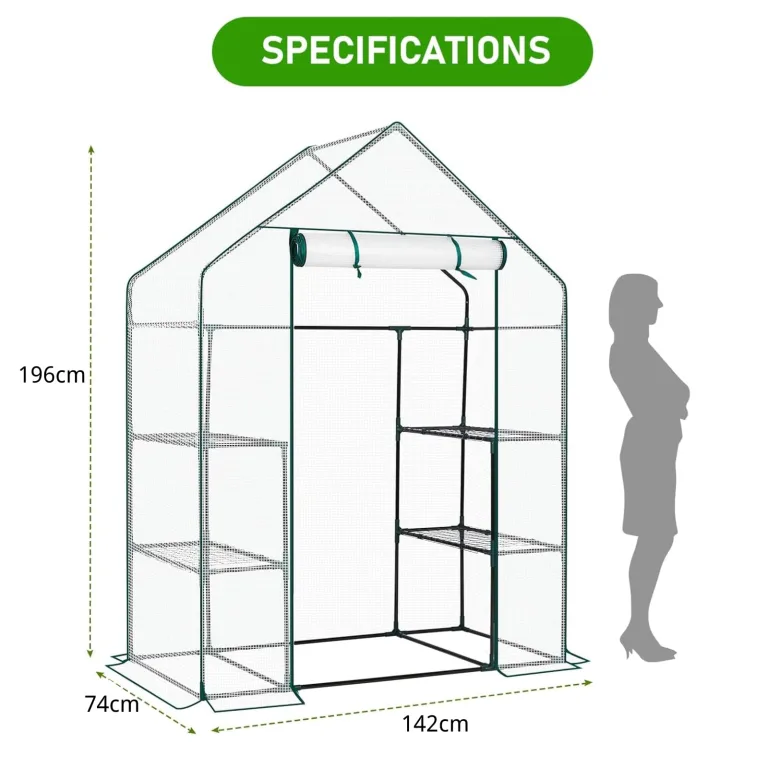 LEADZM Gewächshaus mit UV-beständiger PE-Gitterfolie,4 Metallablagegittern, Sturm-Winterfest, Schutz vor Kälte,Frost, Anzucht für Tomaten & Pflanzen, Balkon Garten (Transparent, 142 x 74 x 196 cm) – Bild 3