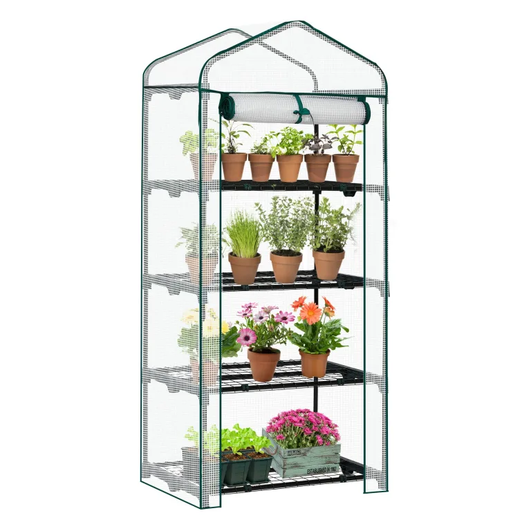 LEADZM Gewächshaus mit UV-beständiger PE-Gitterfolie,4 Metallablagegittern, Sturm-Winterfest, Schutz vor Kälte,Frost, Anzucht für Tomaten & Pflanzen, Balkon Garten (Transparent, 142 x 74 x 196 cm) – Bild 9