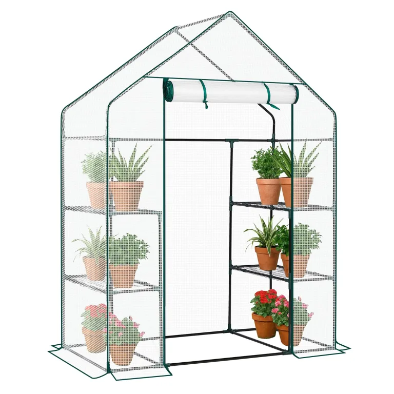 LEADZM Gewächshaus mit UV-beständiger PE-Gitterfolie,4 Metallablagegittern, Sturm-Winterfest, Schutz vor Kälte,Frost, Anzucht für Tomaten & Pflanzen, Balkon Garten (Transparent, 142 x 74 x 196 cm) – Bild 1