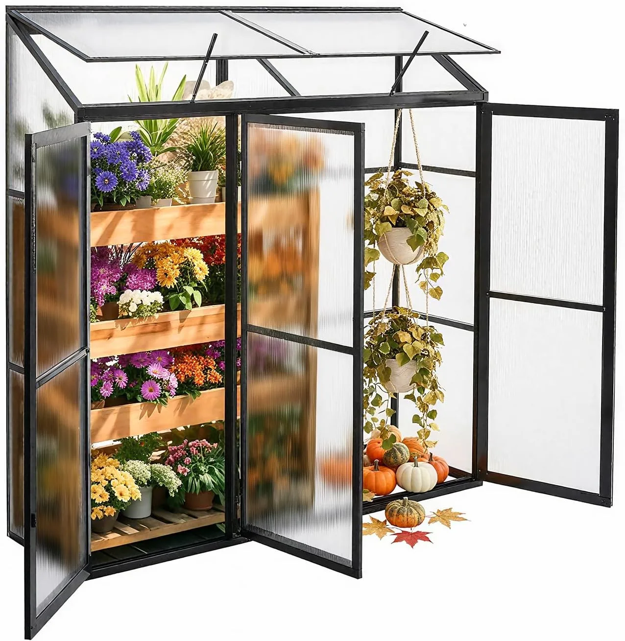 Anlehngewächshaus Aluminium Beistell-Gewächshaus (Schwarz) – 180x54x190cm, 3 Türen & 2 Oberlicht, geeignet für Zitronenbaum-Töpfe, Chrysanthemen & weitere Pflanzen, Greenhouse - Bild 1