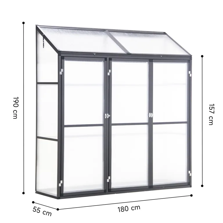 Anlehngewächshaus Aluminium Beistell-Gewächshaus (Grau) – 180x55x190cm, 3 Türen & 2 Oberlicht, geeignet für Zitronenbaum-Töpfe, Chrysanthemen & weitere Pflanzen, Greenhouse – Bild 4