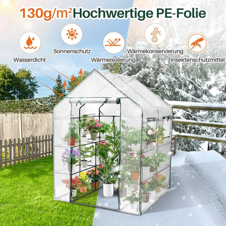 Gewächshaus, 143*143*195 cm Überwinterungszelt für Pflanzen, Begehbarers Foliengewächshaus mit Gitternetzfolie, Hochbeet mit Abdeckung, Balkongewächshaus, für Garten zur Aufzucht, Weiß – Bild 6