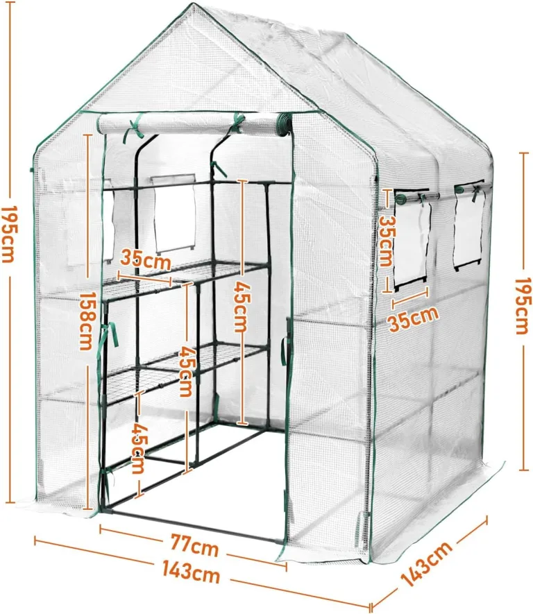Gewächshaus, 143*143*195 cm Überwinterungszelt für Pflanzen, Begehbarers Foliengewächshaus mit Gitternetzfolie, Hochbeet mit Abdeckung, Balkongewächshaus, für Garten zur Aufzucht, Weiß – Bild 2