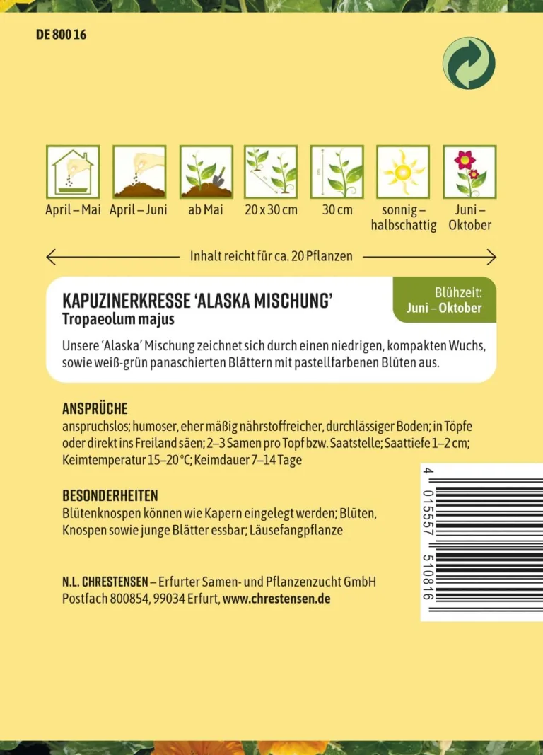 Chrestensen Kapuzinerkresse Alaska Mischung Samen - Pastellfarben weißbunte Blätter - Essbar Dauerblüher - Für Balkon Ampel Beet - Tropaeolum majus - Samenfest – Bild 3