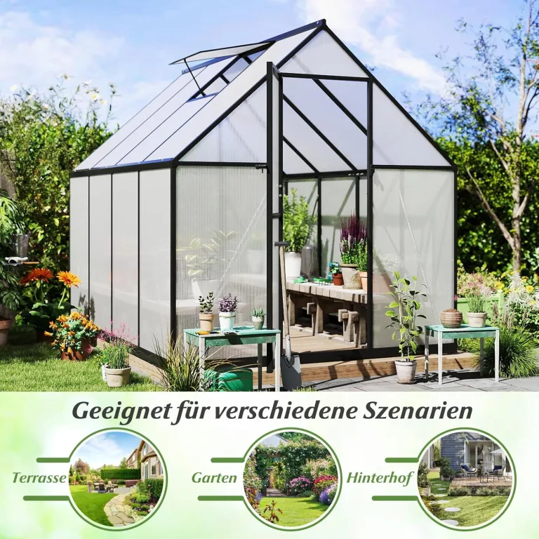COSTWAY Gewächshaus mit Fundament, wetterfest aus Aluminimum, Treibhaus mit verstellbarem Dachfenster & Tür, 250 x 190 x 195 cm, Frühbeet und Pflanzenhaus für Tomaten Pflanzen, Outdoor Garten Balkon – Bild 9