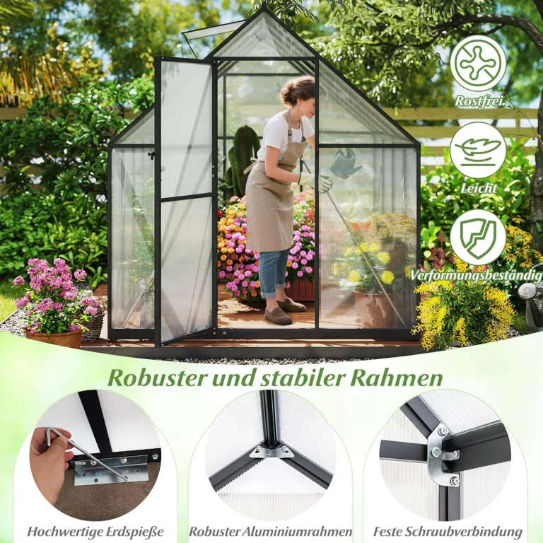 COSTWAY Gewächshaus mit Fundament, wetterfest aus Aluminimum, Treibhaus mit verstellbarem Dachfenster & Tür, 250 x 190 x 195 cm, Frühbeet und Pflanzenhaus für Tomaten Pflanzen, Outdoor Garten Balkon – Bild 10