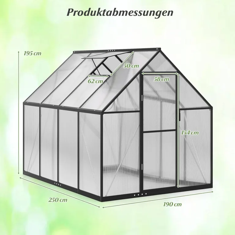 COSTWAY Gewächshaus mit Fundament, wetterfest aus Aluminimum, Treibhaus mit verstellbarem Dachfenster & Tür, 250 x 190 x 195 cm, Frühbeet und Pflanzenhaus für Tomaten Pflanzen, Outdoor Garten Balkon – Bild 5