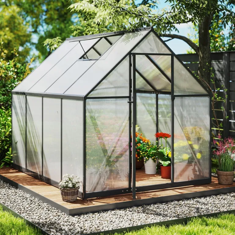 COSTWAY Gewächshaus mit Fundament, wetterfest aus Aluminimum, Treibhaus mit verstellbarem Dachfenster & Tür, 250 x 190 x 195 cm, Frühbeet und Pflanzenhaus für Tomaten Pflanzen, Outdoor Garten Balkon – Bild 1