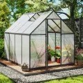 COSTWAY Gewächshaus mit Fundament, wetterfest aus Aluminimum, Treibhaus mit verstellbarem Dachfenster & Tür, 250 x 190 x 195 cm, Frühbeet und Pflanzenhaus für Tomaten Pflanzen, Outdoor Garten Balkon - Thumbnail 1