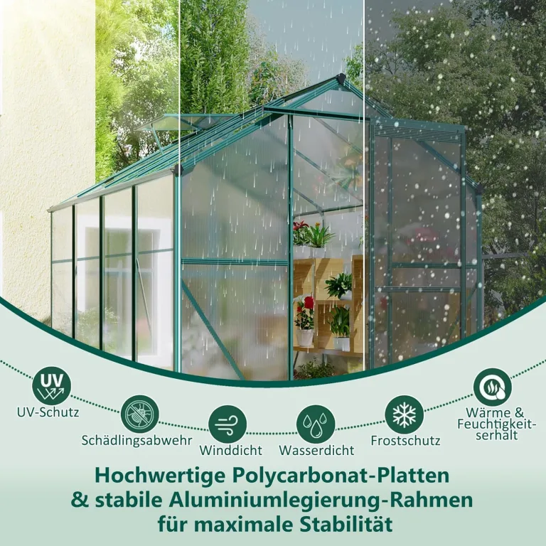 Gewächshaus Aluminium mit Fundament, 4,75 m² - 190 × 253cm, Gartengewächshäuser mit Dachfenster & Schiebetür, Gewächshaus Groß mit UV-beständigen Polycarbonatplatten für Gemüse & Toma – Bild 3