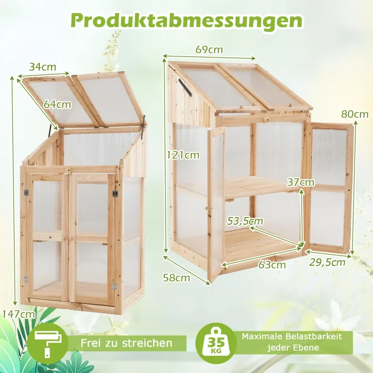 RELAX4LIFE 3 Etagen Frühbeet, Gewächshaus mit 3 Ablagen, Frühbeetkasten Holz Winterfest, Pflanzenbeet mit 2 Türen & Deckel, 69 x 58 x 121 cm, Treibhaus für Garten & Balkon – Bild 2