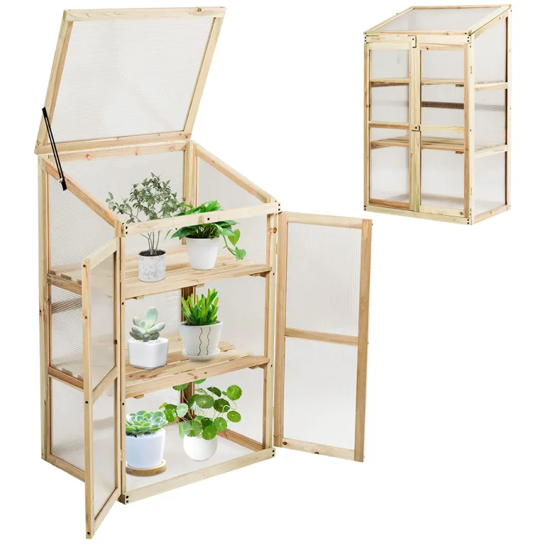 RELAX4LIFE 3 Etagen Frühbeet, Gewächshaus mit 3 Ablagen, Frühbeetkasten Holz Winterfest, Pflanzenbeet mit 2 Türen & Deckel, 69 x 58 x 121 cm, Treibhaus für Garten & Balkon – Bild 6