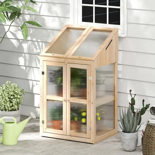 RELAX4LIFE 3 Etagen Frühbeet, Gewächshaus mit 3 Ablagen, Frühbeetkasten Holz Winterfest, Pflanzenbeet mit 2 Türen & Deckel, 69 x 58 x 121 cm, Treibhaus für Garten & Balkon – Bild 9