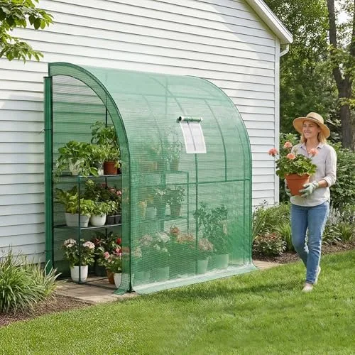 LARMNEE Wandseitiges Gewächshaus, Tomatengewächshaus mit 2 Rolltüren, 200 x 100 x 210 cm, PE Foliengewächshaus, Tomatenhaus für Blumen, Gemüse und Pflanzen, Balkon, Garten und Terrasse, Grün EGN72GH02 – Bild 10