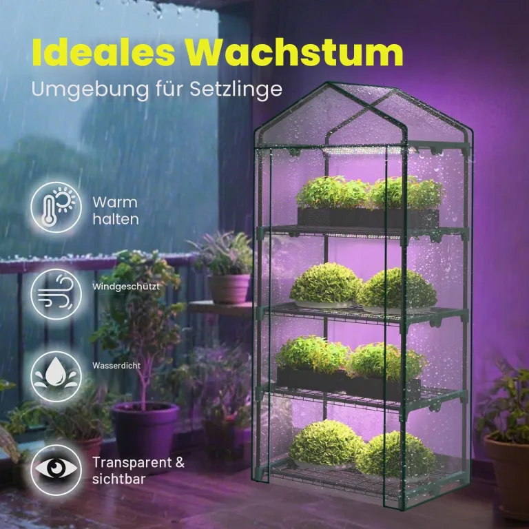 4-stöckiges Zimmergewächshaus mit LED-Wachstumslichtern, 68,5 x 48 x 157,5 cm, Mini-Gewächshaus, PVC-Abdeckung, dimmbar, 28 W Timer-Steuersystem für Saatgutstart und Pflanzenwachstum – Bild 3