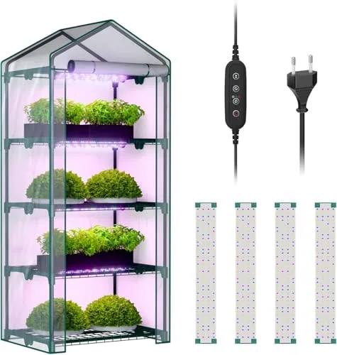 4-stöckiges Zimmergewächshaus mit LED-Wachstumslichtern, 68,5 x 48 x 157,5 cm, Mini-Gewächshaus, PVC-Abdeckung, dimmbar, 28 W Timer-Steuersystem für Saatgutstart und Pflanzenwachstum – Bild 7