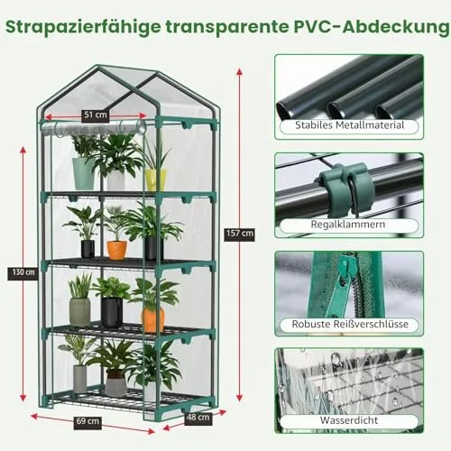 4-stöckiges Zimmergewächshaus mit LED-Wachstumslichtern, 68,5 x 48 x 157,5 cm, Mini-Gewächshaus, PVC-Abdeckung, dimmbar, 28 W Timer-Steuersystem für Saatgutstart und Pflanzenwachstum – Bild 8