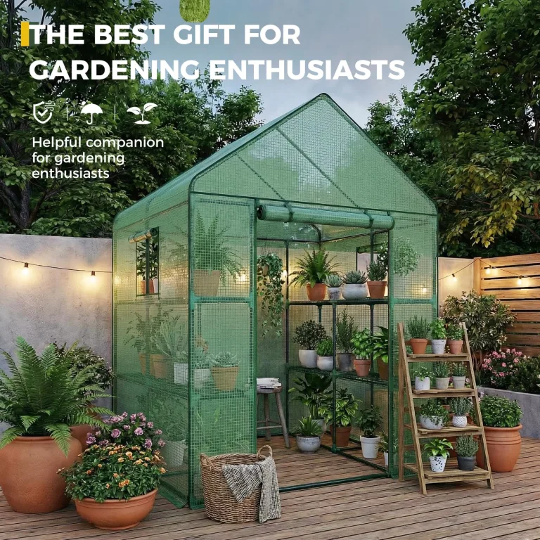 Bamworld Gewächshaus begehbar Garten Außen 145x145x195cm - Bamworld Foliengewächshaus mit Regalen und Fliegengitter-Fenster, Großes Tomatengewächshaus, Grün – Bild 2