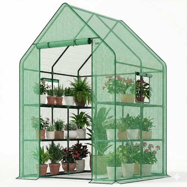 Bamworld Gewächshaus begehbar Garten Außen 145x145x195cm - Bamworld Foliengewächshaus mit Regalen und Fliegengitter-Fenster, Großes Tomatengewächshaus, Grün – Bild 8