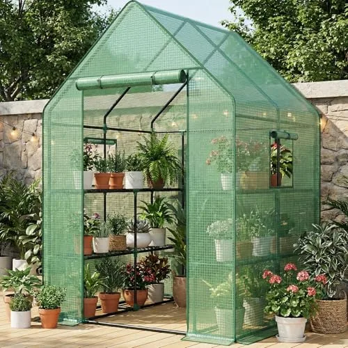 Bamworld Gewächshaus begehbar Garten Außen 145x145x195cm - Bamworld Foliengewächshaus mit Regalen und Fliegengitter-Fenster, Großes Tomatengewächshaus, Grün – Bild 9