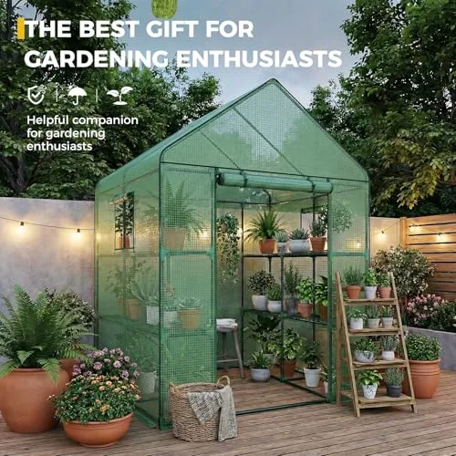 Bamworld Gewächshaus begehbar Garten Außen 145x145x195cm - Bamworld Foliengewächshaus mit Regalen und Fliegengitter-Fenster, Großes Tomatengewächshaus, Grün – Bild 10