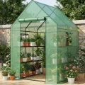 Bamworld Gewächshaus begehbar Garten Außen 145x145x195cm - Bamworld Foliengewächshaus mit Regalen und Fliegengitter-Fenster, Großes Tomatengewächshaus, Grün - Thumbnail 1