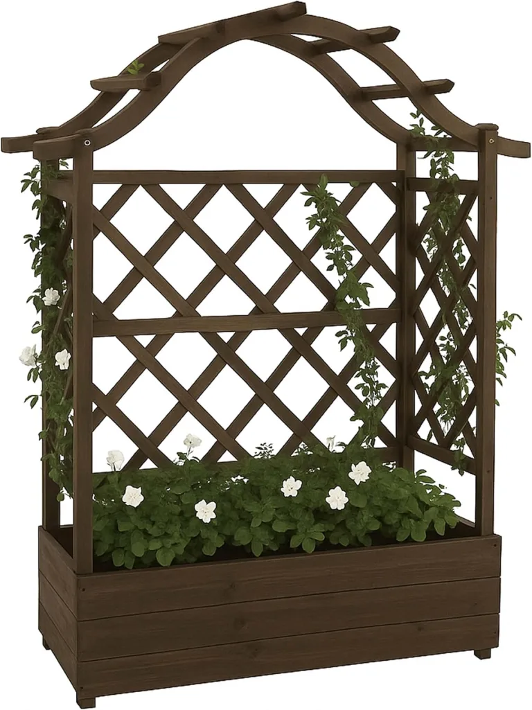 Hochbeet HWC-P66, Pflanz-/Blumenkasten Pflanzkübel Rankgitter Rankhilfe Spalier Holz FSC® 138x110x44cm - braun – Bild 1