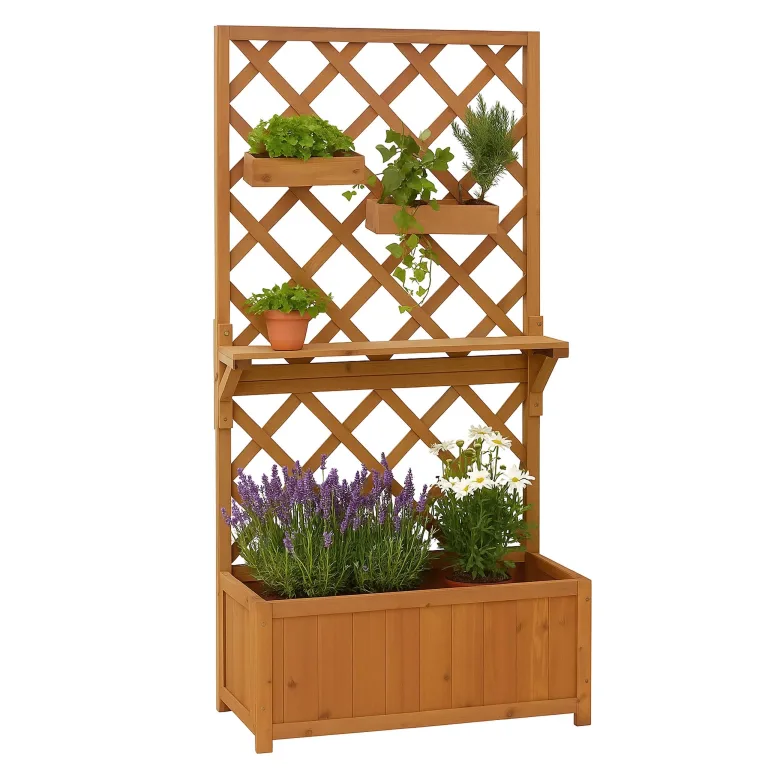 Hochbeet HWC-P68, Pflanz-/Blumenkasten Rankgitter Rankhilfe Ablage Hängekästen Holz FSC® 135x70x30cm - Natur – Bild 1