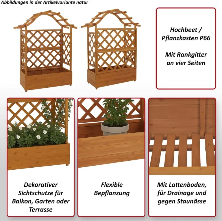 Hochbeet HWC-P66, Pflanz-/Blumenkasten Pflanzkübel Rankgitter Rankhilfe Spalier Holz FSC® 138x110x44cm - Natur – Bild 2