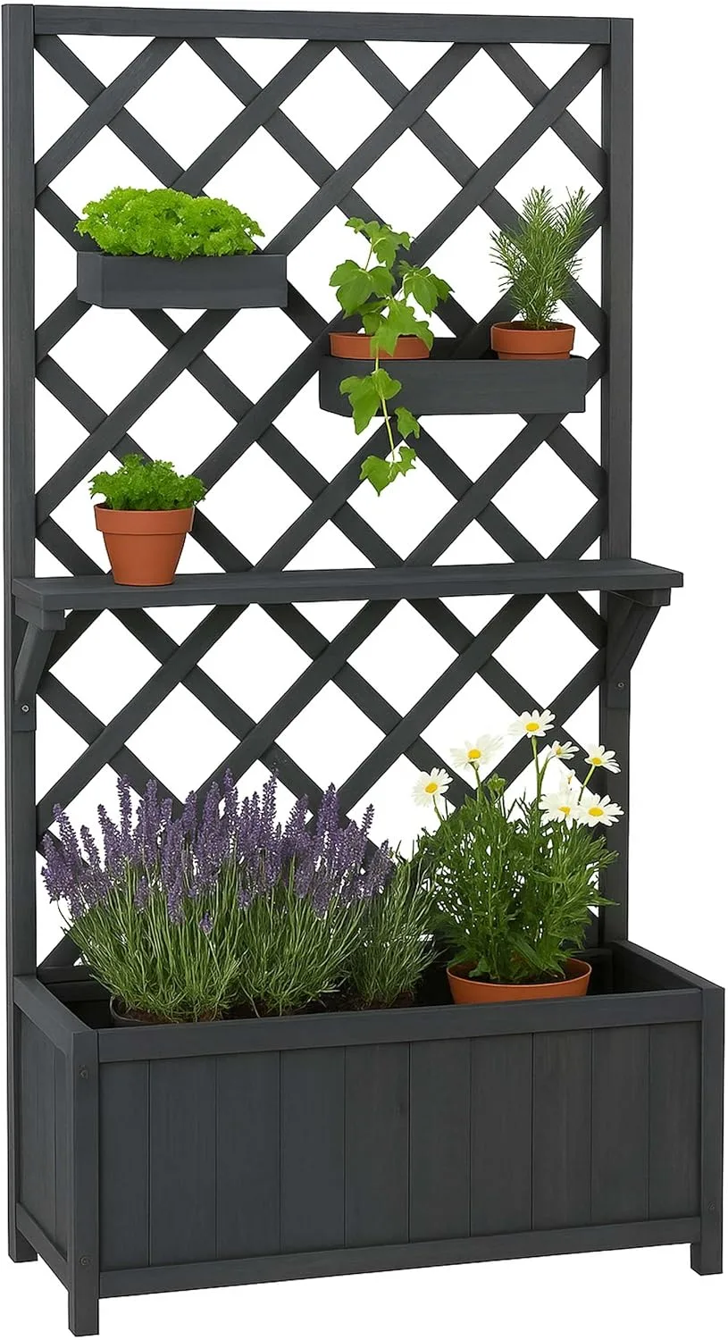 Hochbeet HWC-P68, Pflanz-/Blumenkasten Rankgitter Rankhilfe Ablage Hängekästen Holz FSC® 135x70x30cm - anthrazit-grau
