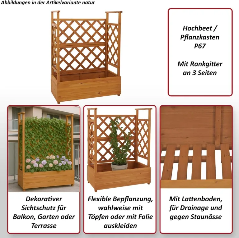 Hochbeet HWC-P67, Pflanz-/Blumenkasten Pflanzkübel Rankgitter Rankhilfe Spalier Holz FSC® 114x85x44cm - braun – Bild 2